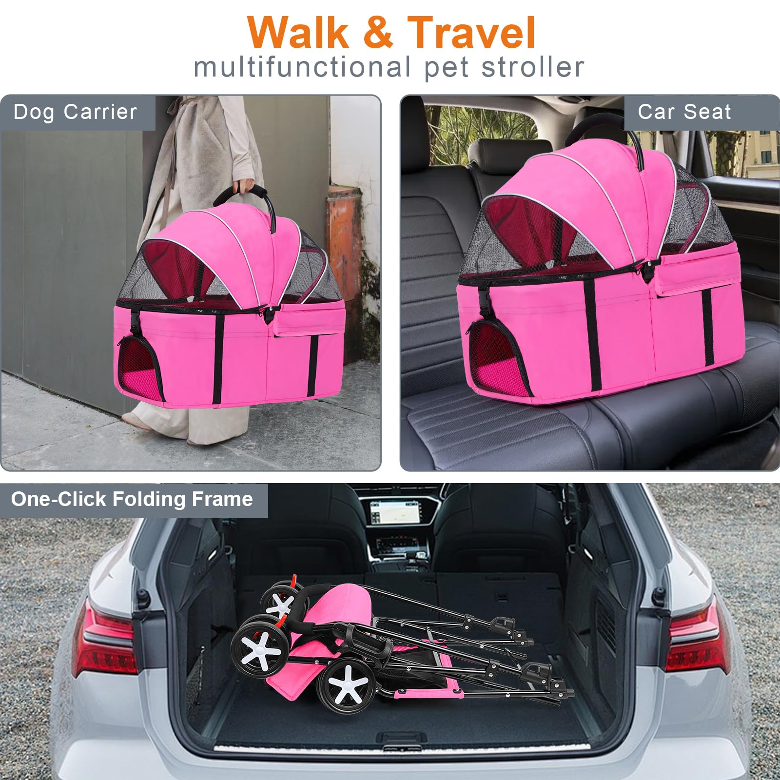 Capota ajustable del carrito rosa para sombra y ventilación.
