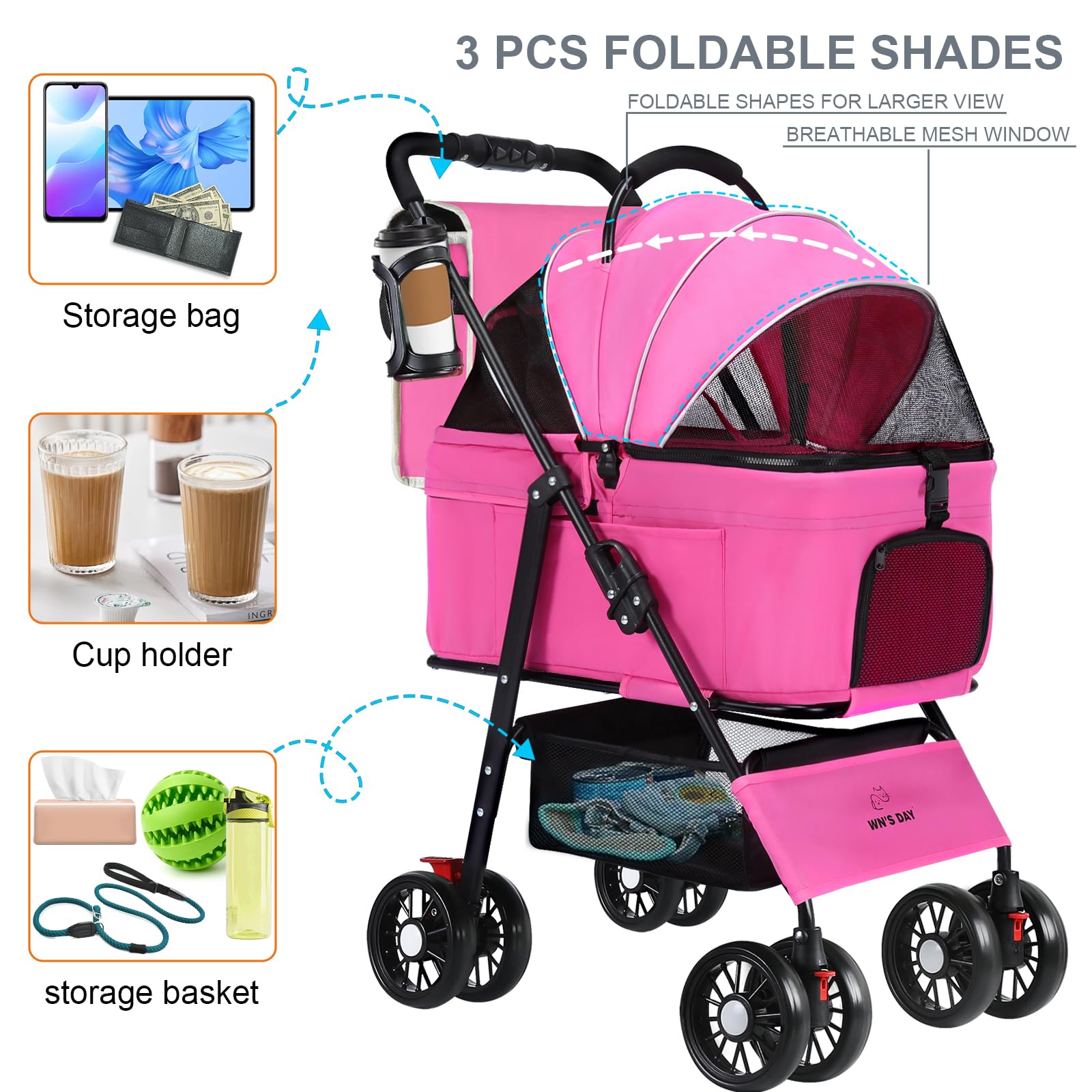 Carrito Wn's Day rosa plegable para gatos.