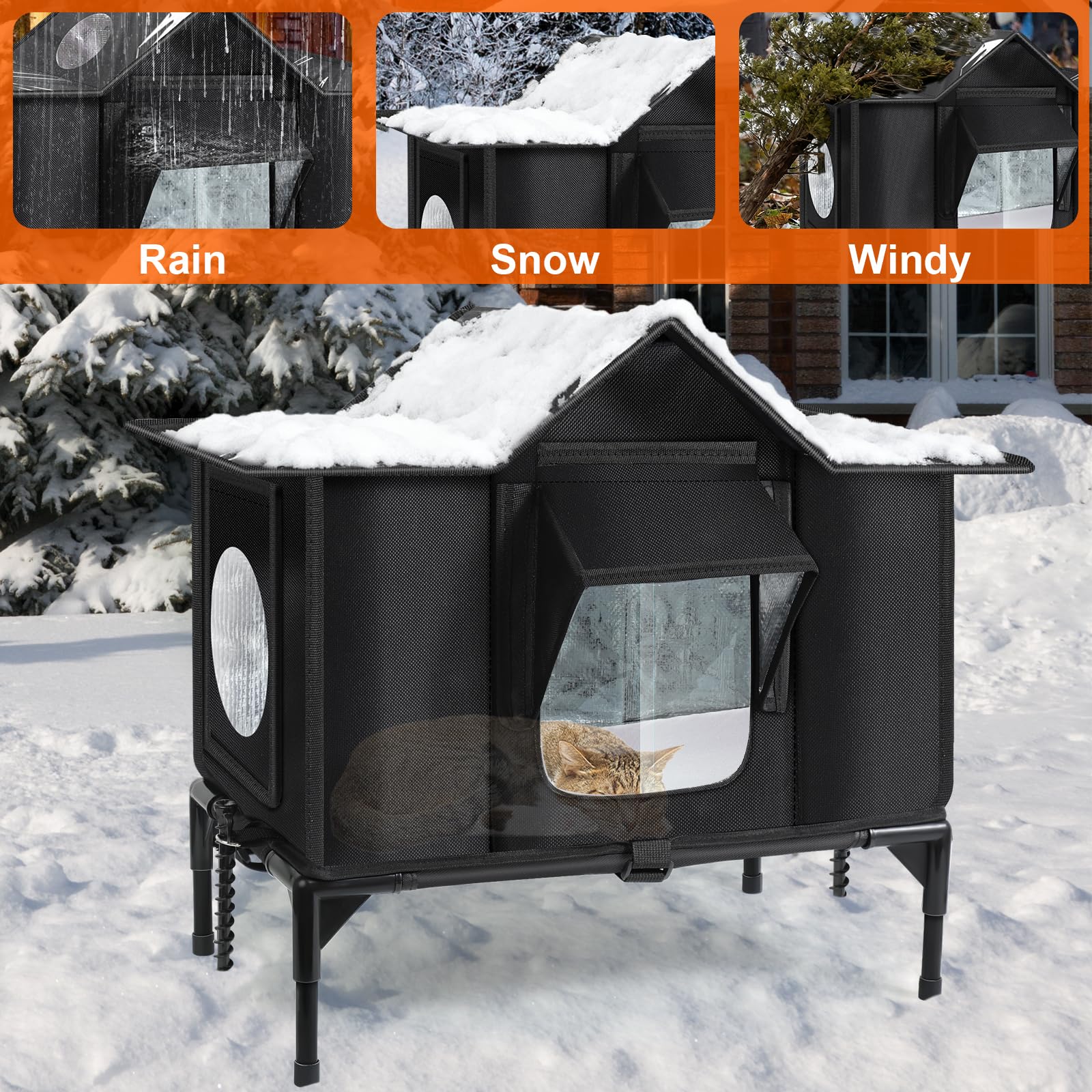 Wn's Day casa gatos exterior base elevada para evitar agua y nieve.