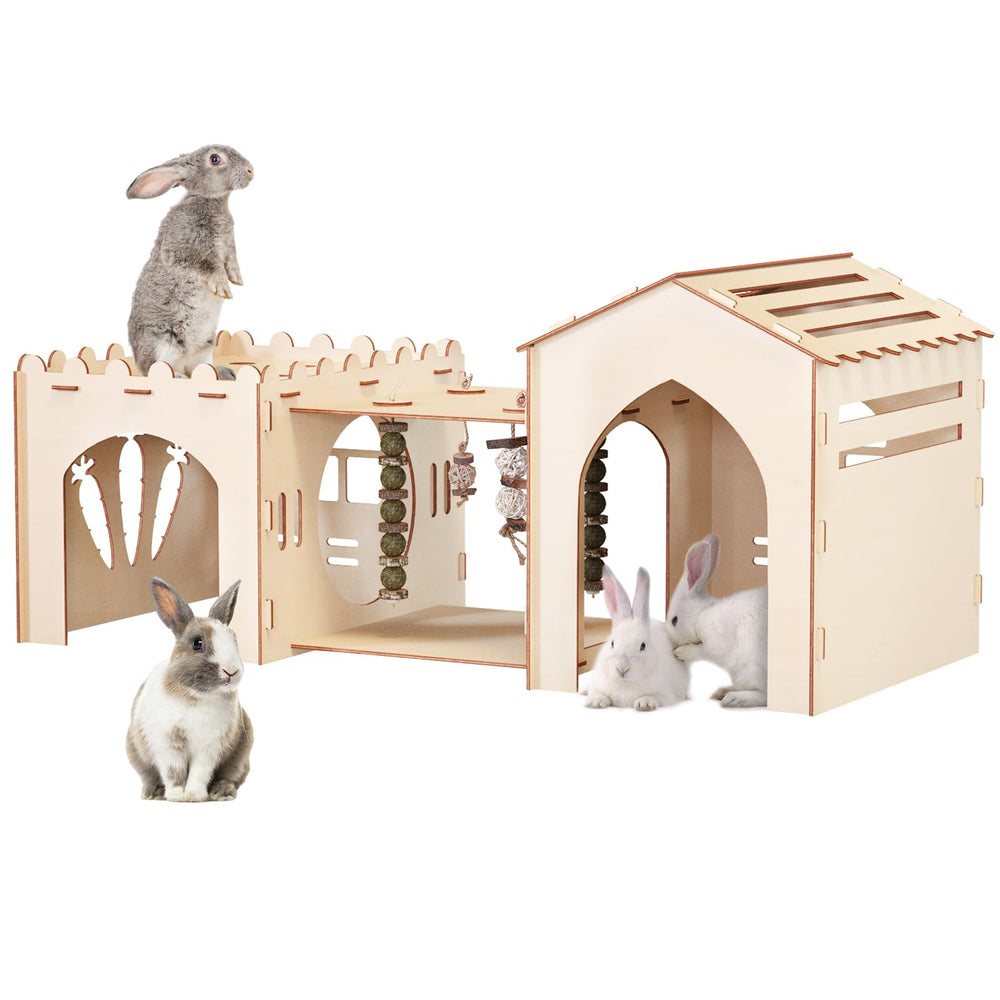 Woiworco castillo para conejos con tres hogares, ideal para convivencia segura.