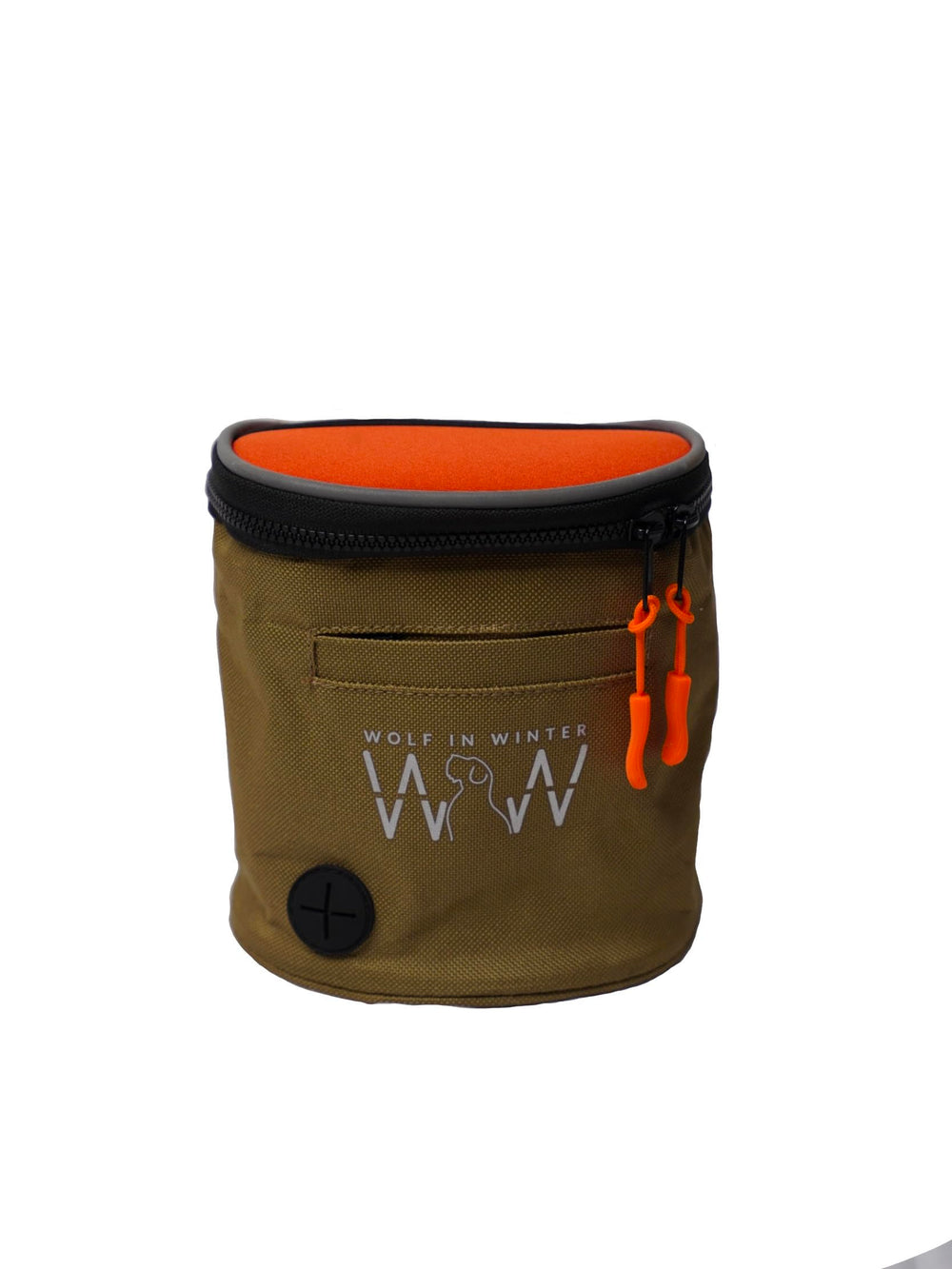 Wolf in Winter Quickdraw neoprene split-top close-up highlights secure, one-handed snack retrieval.