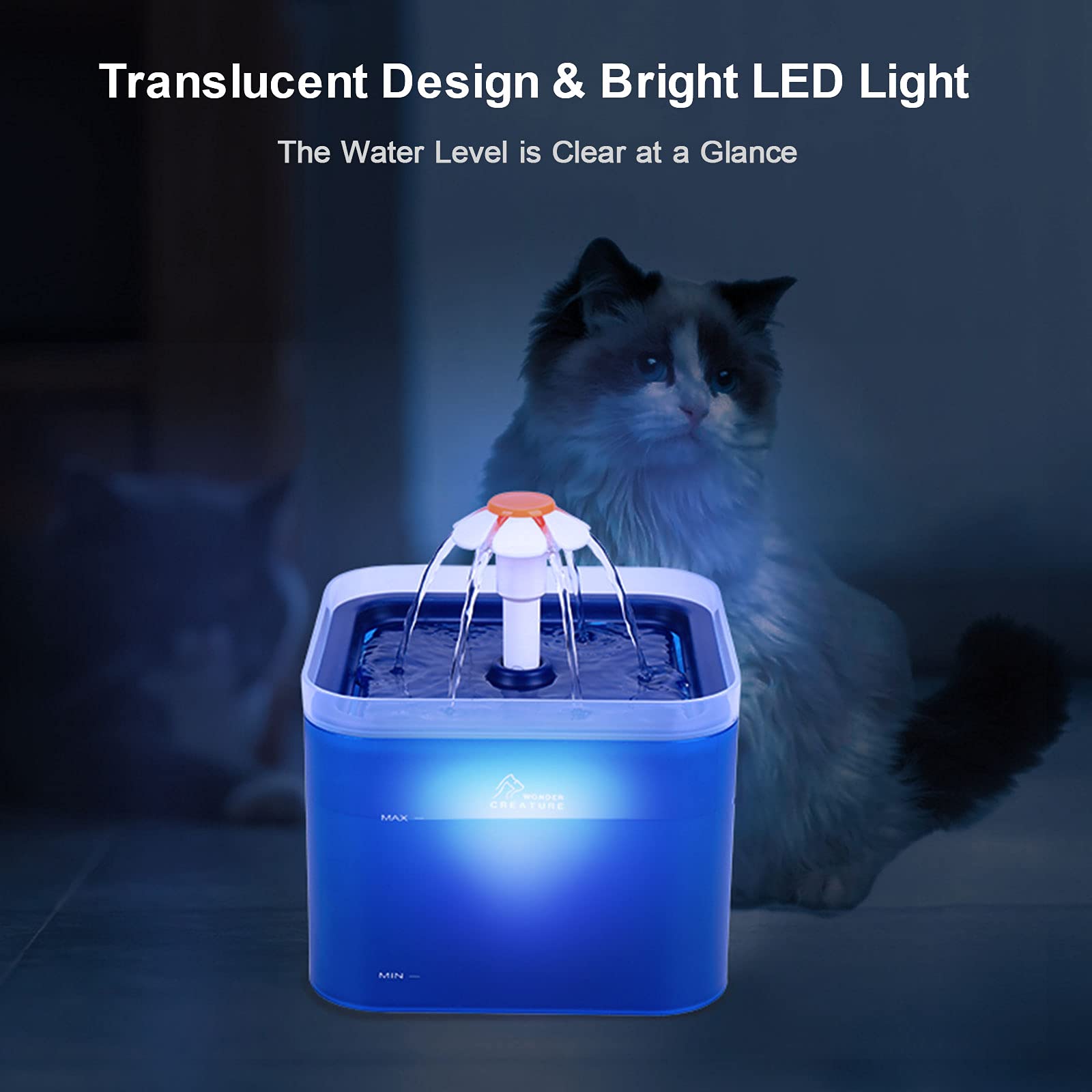 Wonder Creature bebedero para gatos 2L azul, filtración eficiente para agua limpia.