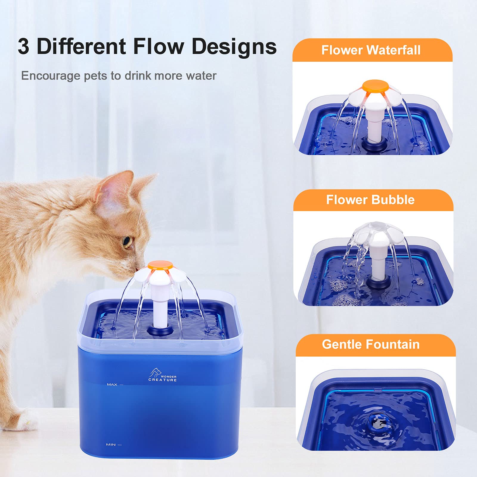 Wonder Creature bebedero para gatos 2L azul, luz indicadora visible para control de nivel.
