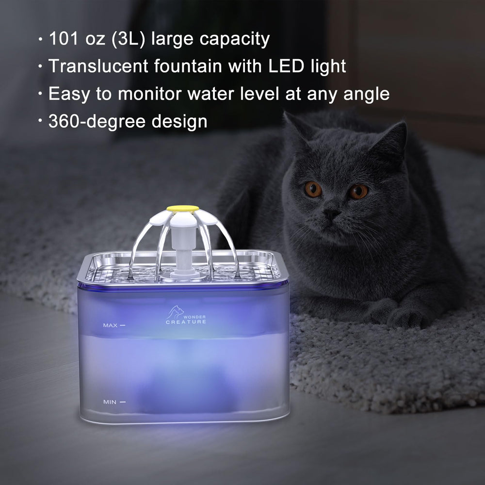 Wonder Creature Crystal Cat Water Fountain base transparente para vigilar el nivel de agua.