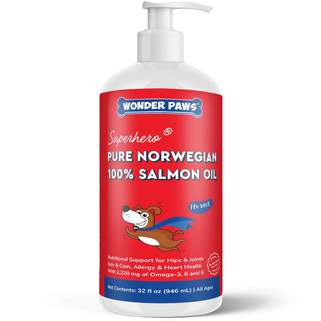 Wonder Paws Aceite de Salmón para perros, botella con dosificador para piel y pelaje saludables.