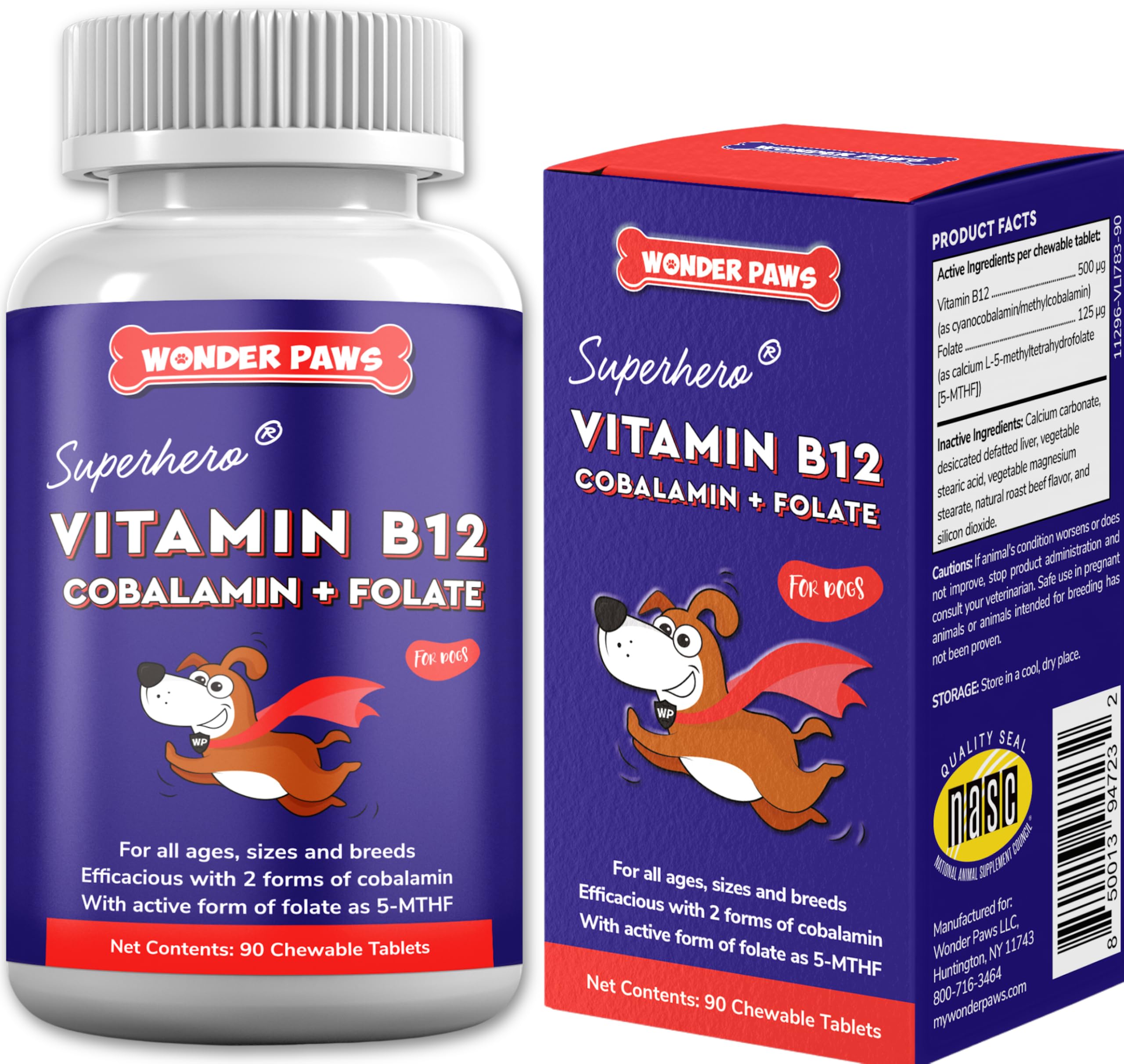 Wonder Paws B12 tabletas sabor res para perros, suplemento práctico para energía diaria.