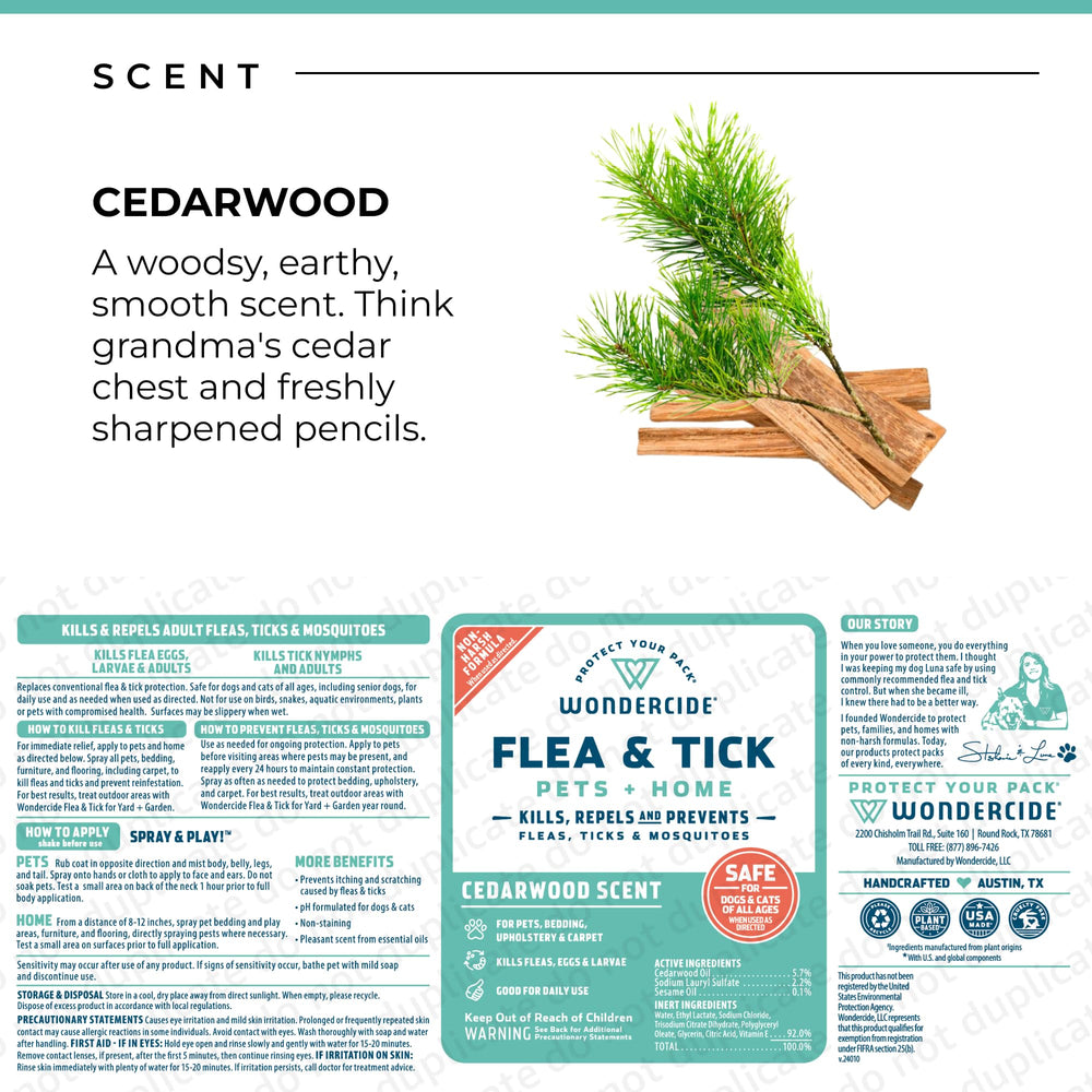 Envase Wondercide con aroma a cedro para uso diario y seguridad familiar.