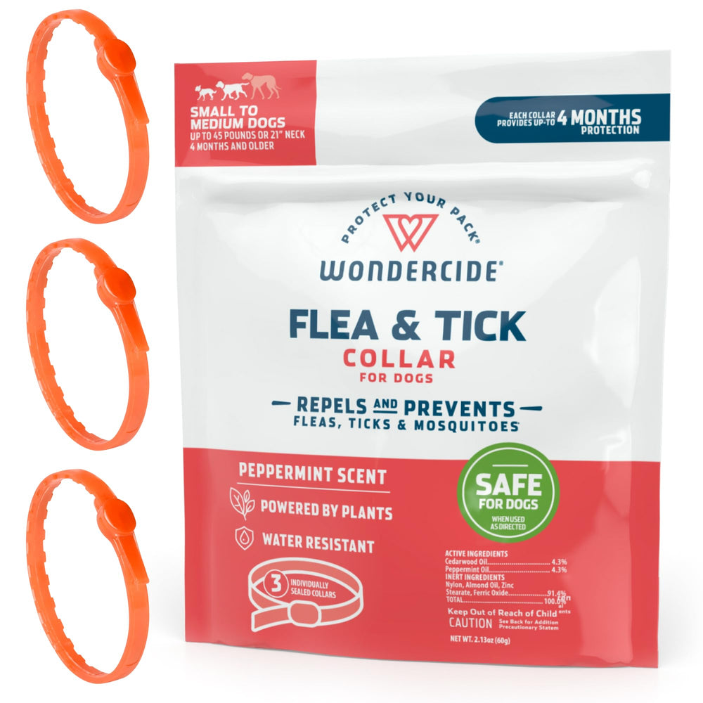 Wondercide collar para perros, primer plano, repelente natural contra pulgas y garrapatas.