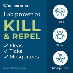 Aplicación del spray Wondercide en el pelaje de un perro para control de plagas.