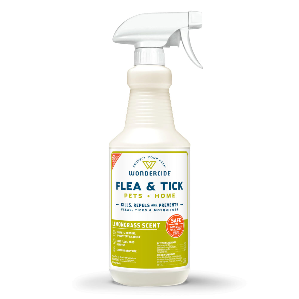 Wondercide Spray para pulgas y garrapatas en mascotas, efecto natural.
