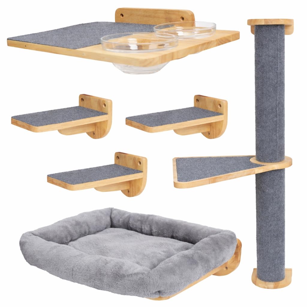 Estante de pared Wondering Whiskers con terraza de alimentación, descanso elevado seguro para gatos