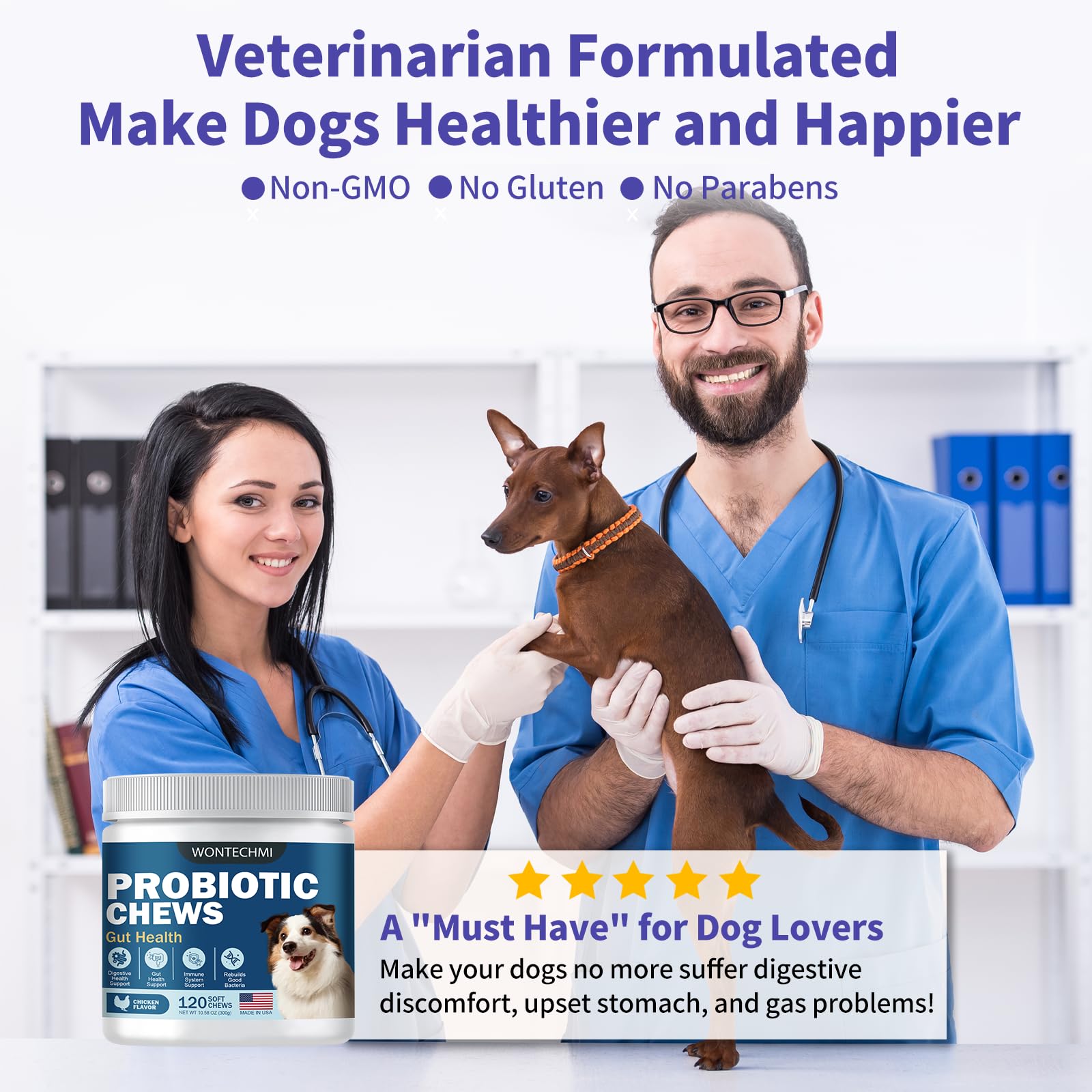 Wontechmi probióticos para perros, envase práctico para casa.