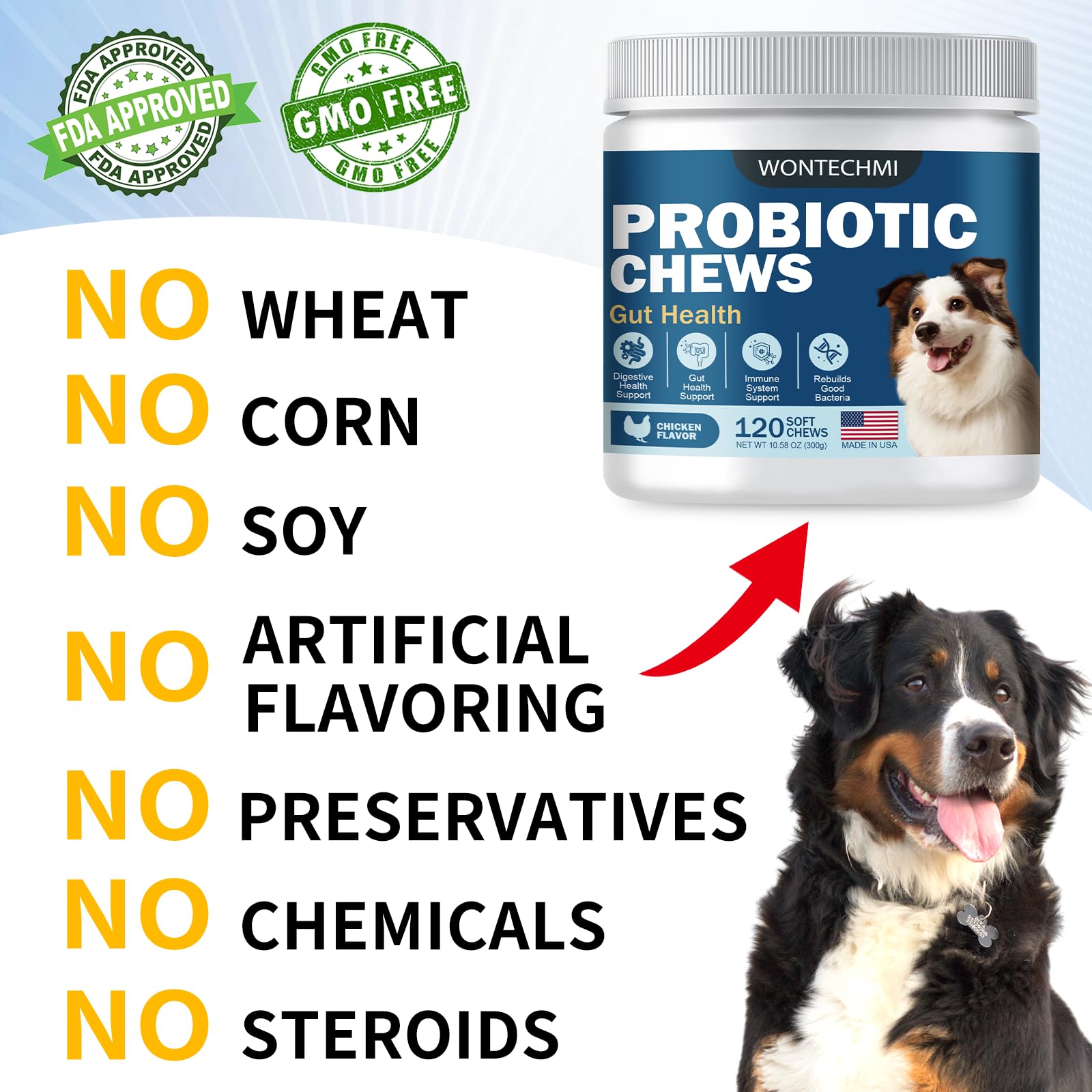 Wontechmi probióticos para perros, salud digestiva estable.