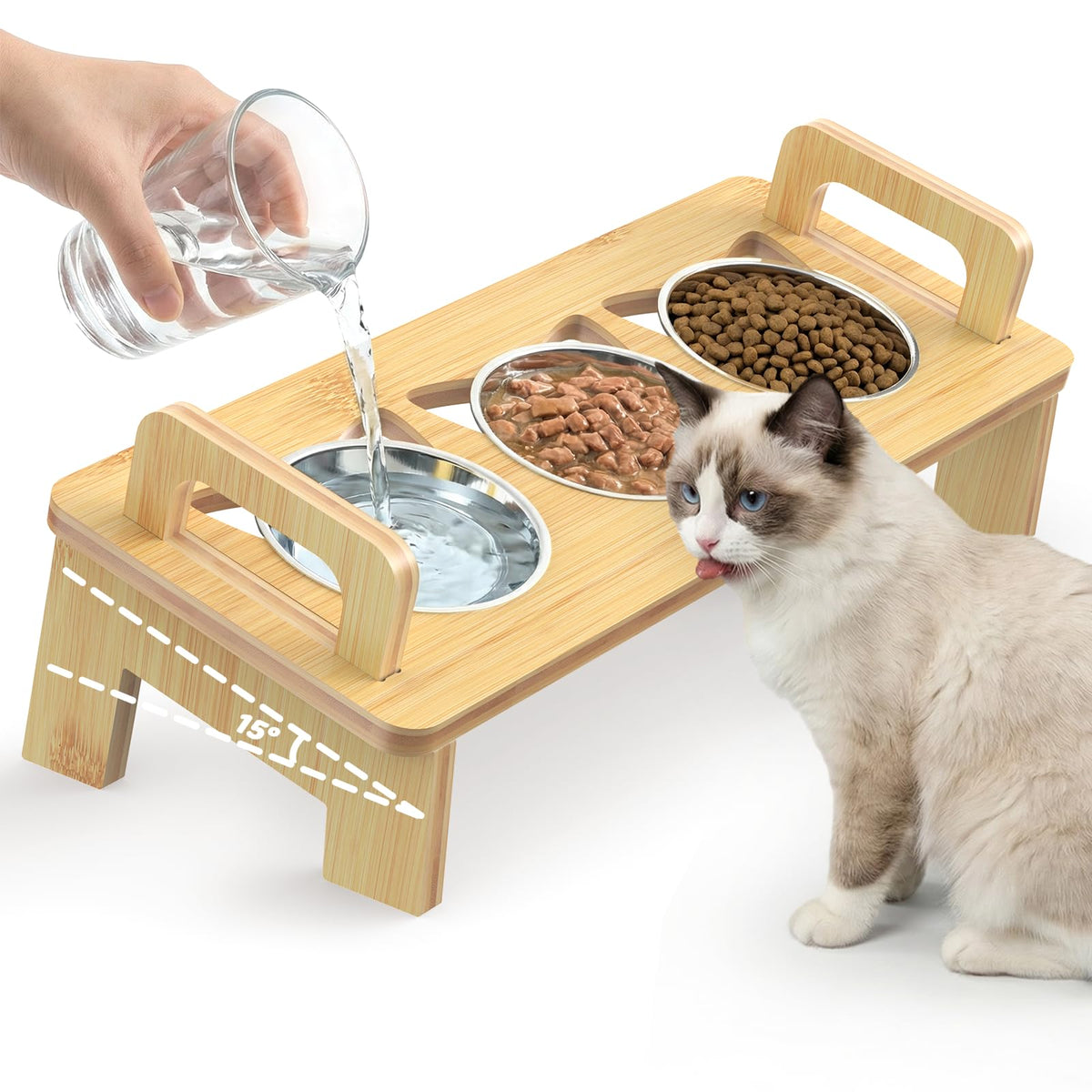 Woodever tazón gato elevado triple base para alimentación ordenada y cómodo para el felino
