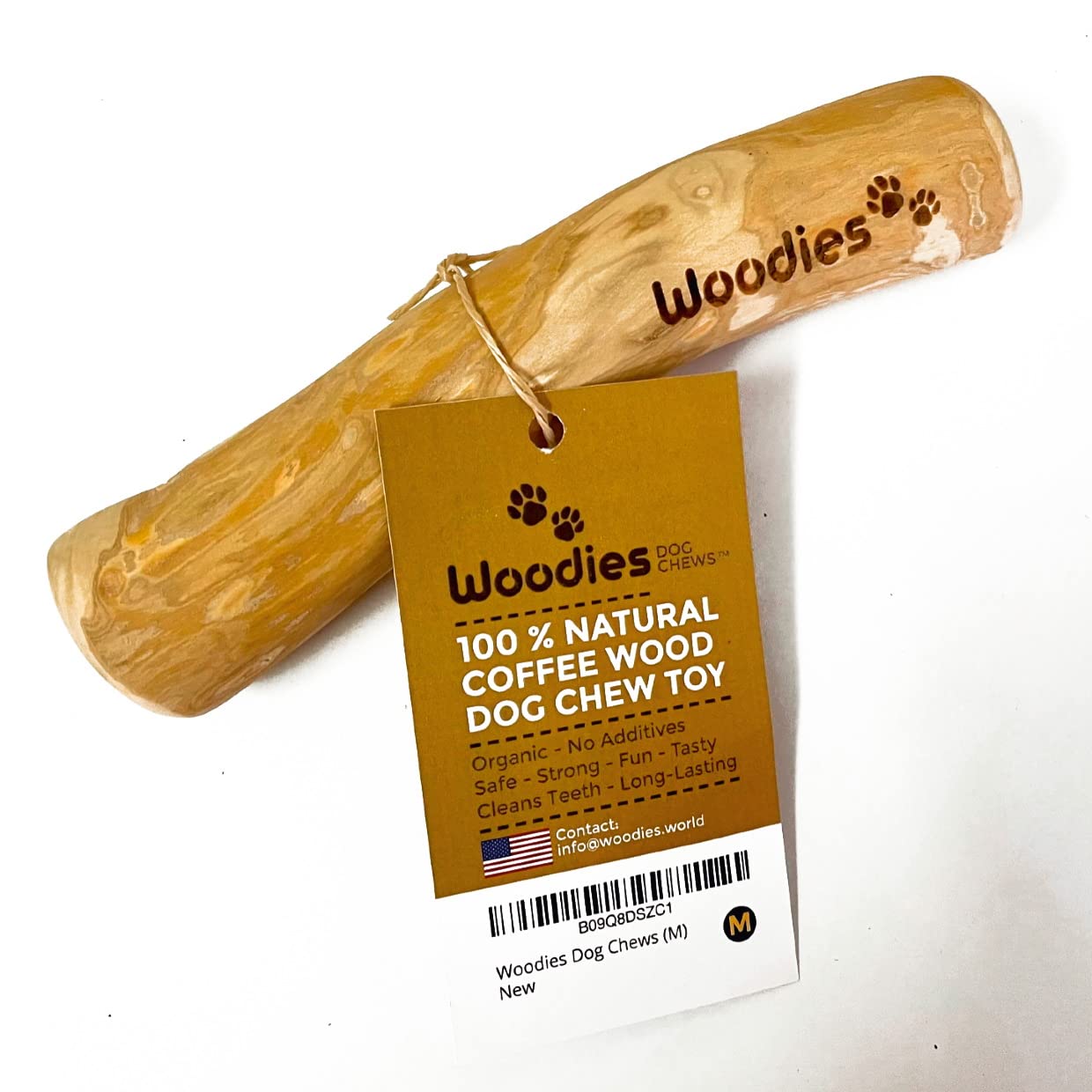 Woodies Dog Chews juguete de madera de café, seguro para perros y divertido.