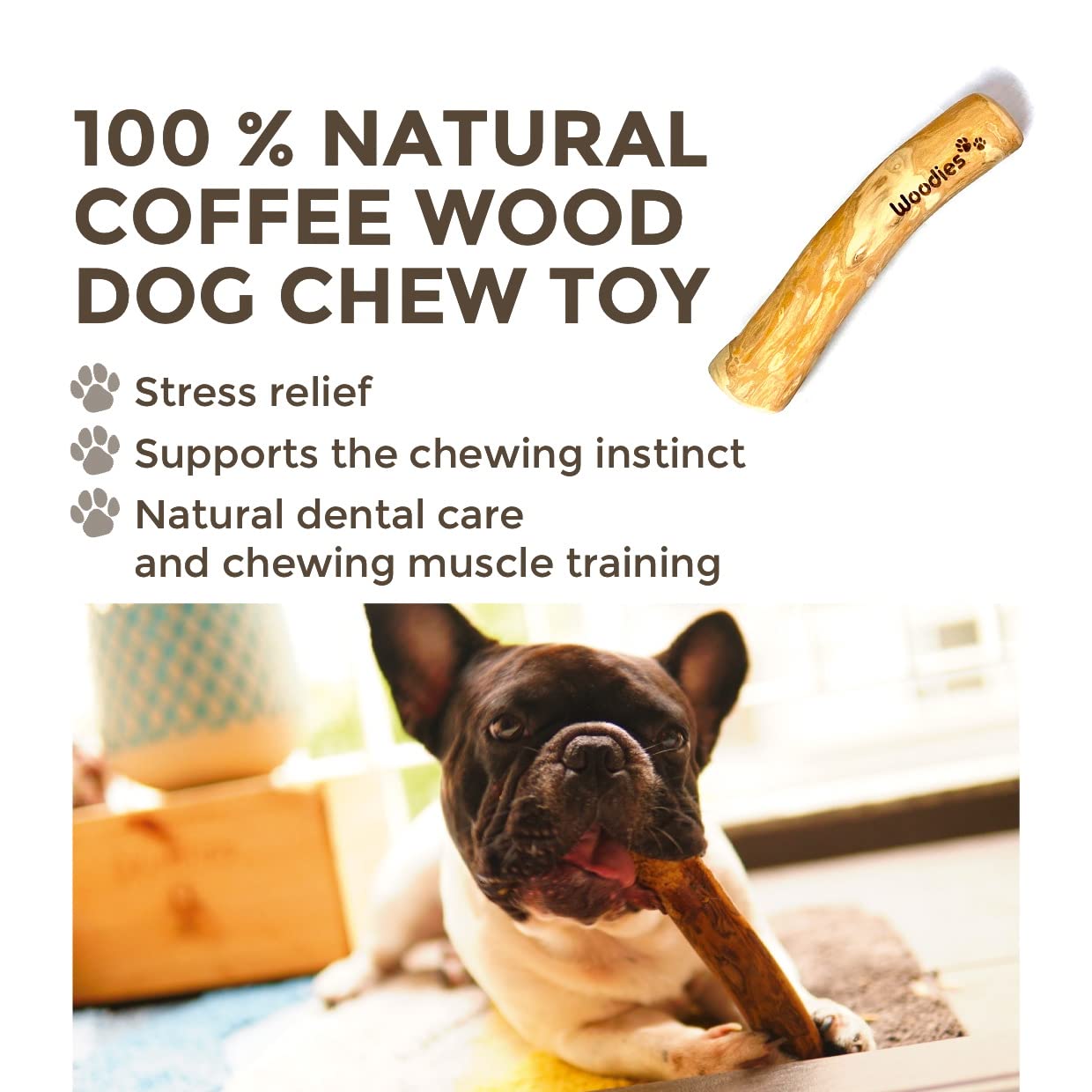 Woodies Dog Chews talla pequeña, ideal para razas pequeñas.