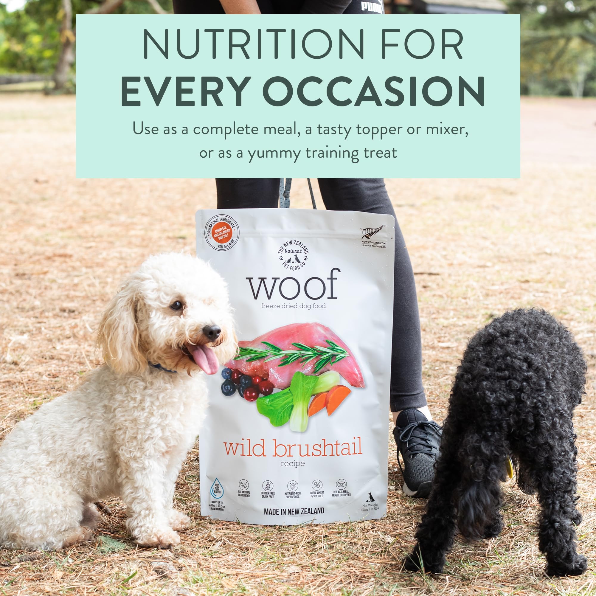 WOOF alimento alto en proteína 90% para perros activos.