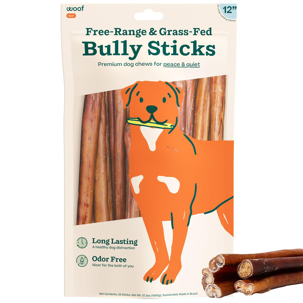 WOOF Bully Sticks paquete de 25 unidades de 12 pulgadas, recompensa duradera para perros.