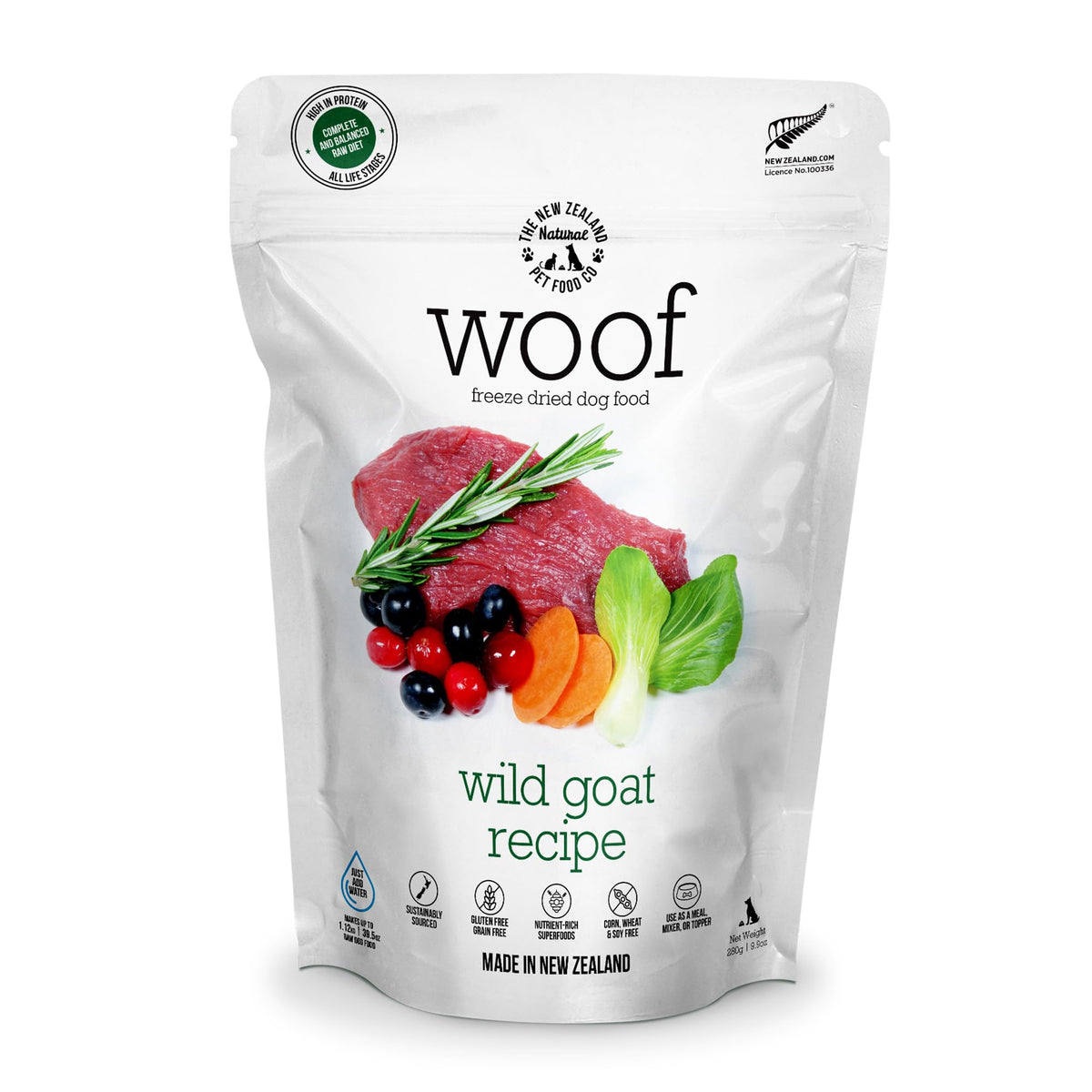 Woof de The New Zealand Natural Pet Food Co., empaque liofilizado, snack saludable para perro.