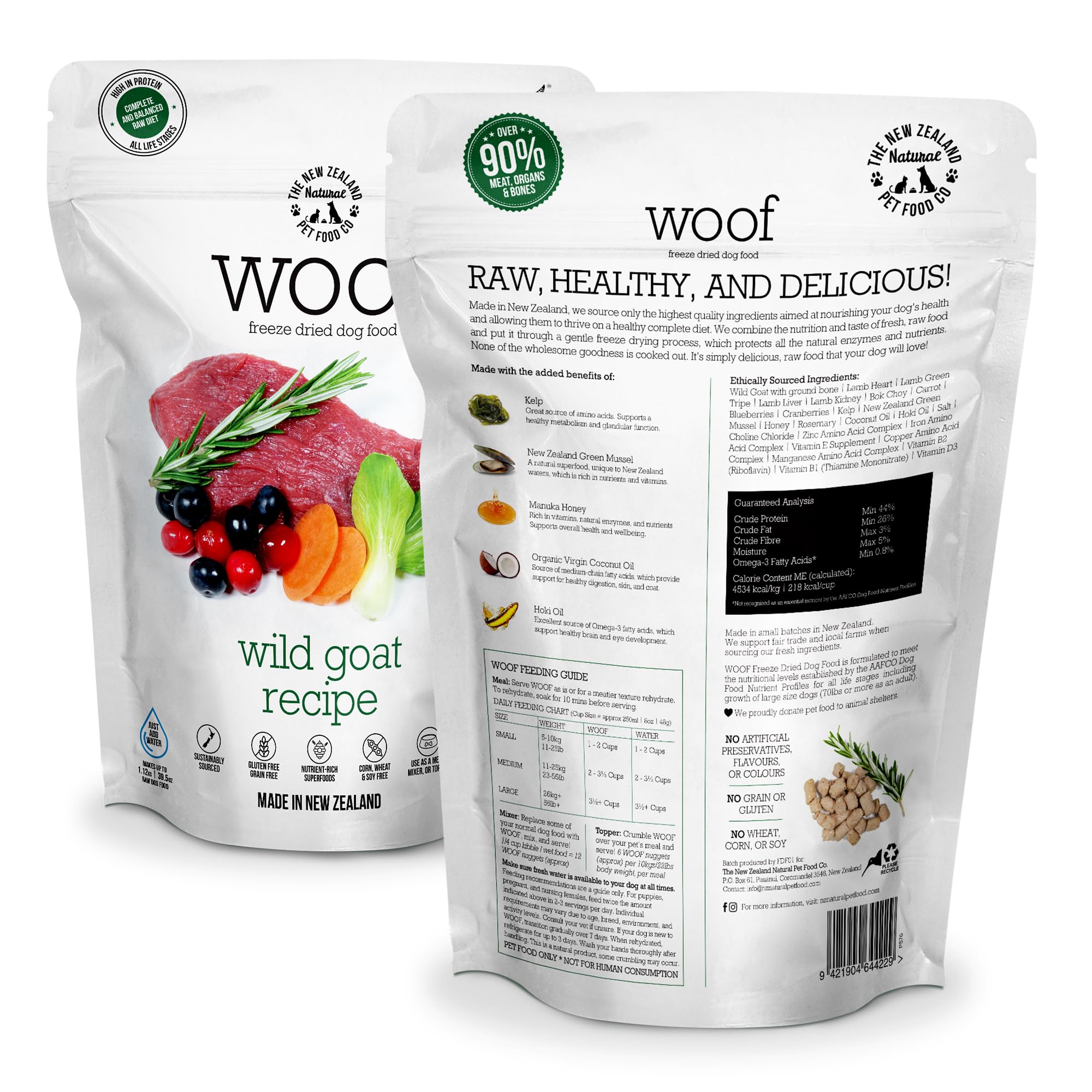Porciones de Woof liofilizado, proteína alta para mezcla o topping.