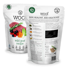 Porciones de Woof liofilizado, proteína alta para mezcla o topping.
