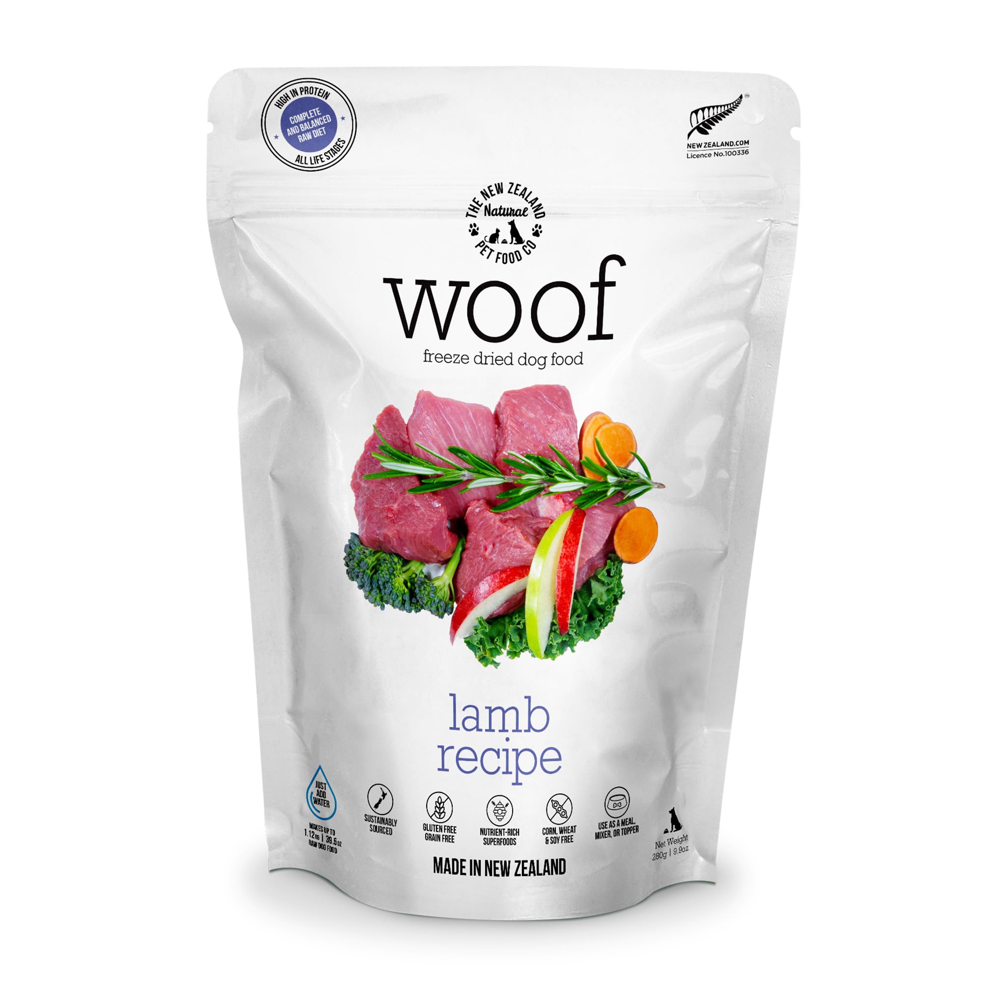 WOOF cordero liofilizado crudo en bolsa, complemento nutritivo para perros.