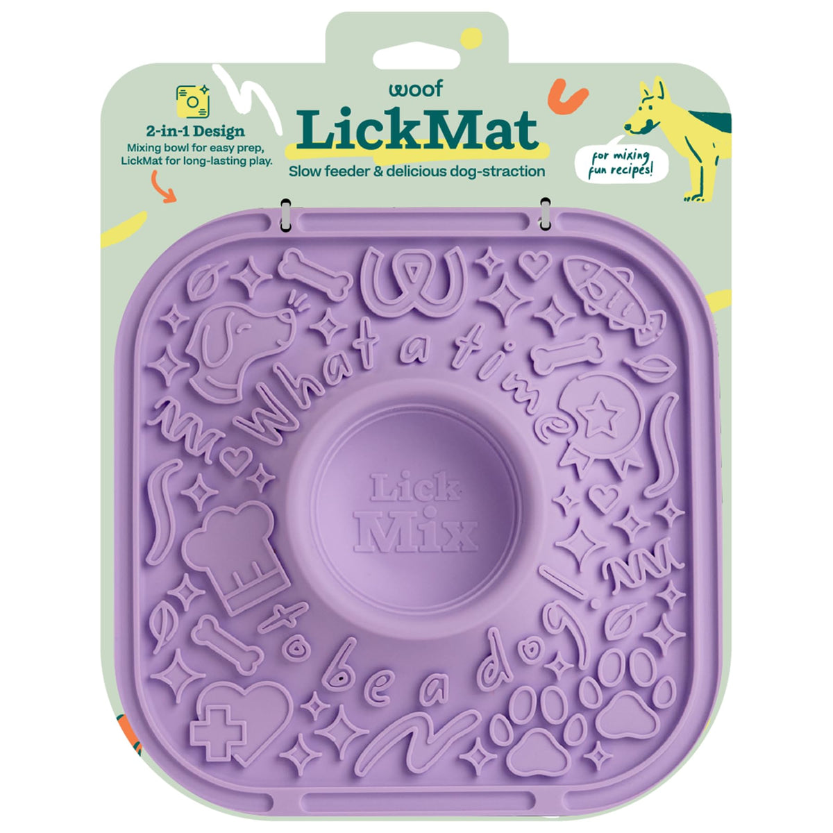 WOOF LickMat muestra su diseño 2 en 1 para perros, ideal para juego y comida.