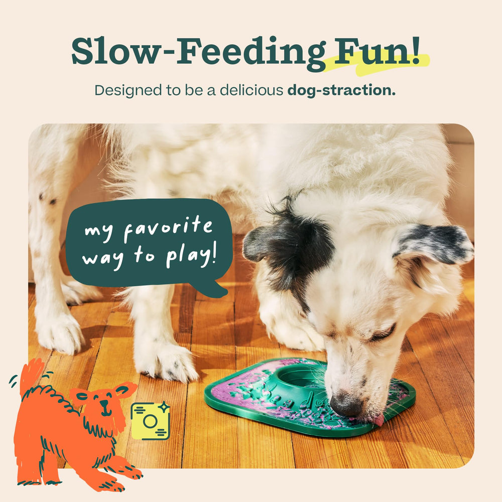 WOOF LickMat dos-en-uno: juego y alimentación lenta en un solo producto.