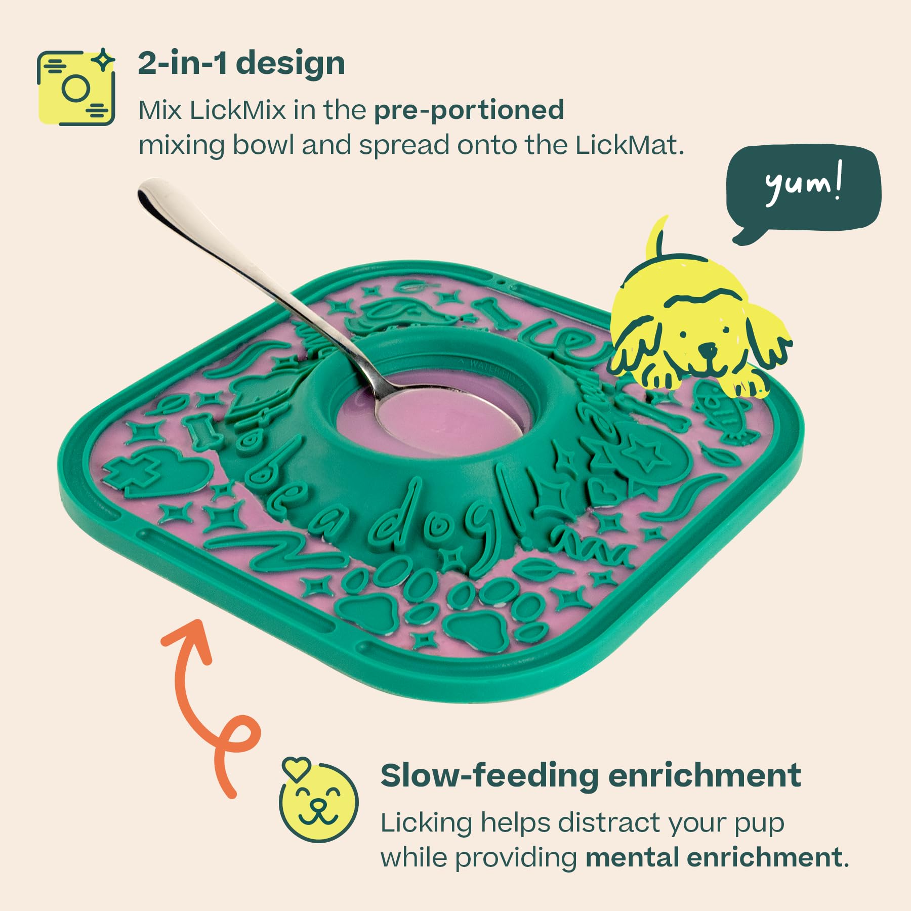 WOOF LickMat silicona libre de BPA ofrece seguridad y durabilidad para cada sesión de masticación.