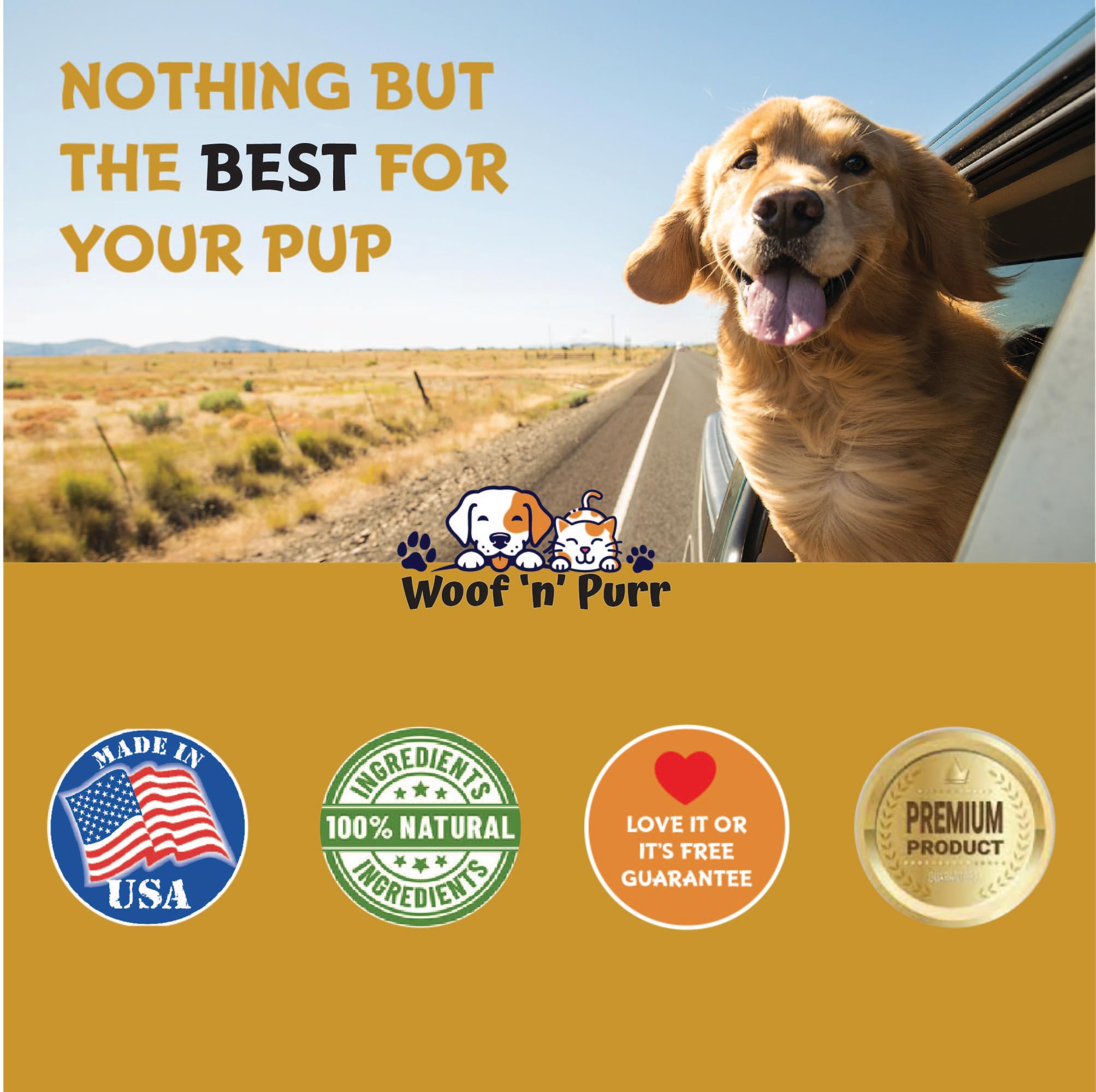 Uso diario sencillo con Woof 'n' Purr para el bienestar del perro.