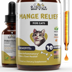 Botella de Woof 'n' Purr para sarna en gatos, alivio suave.