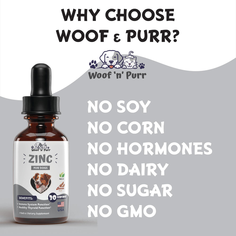 Woof 'n' Purr Zinc para perros, soporte digestivo y energía diaria.