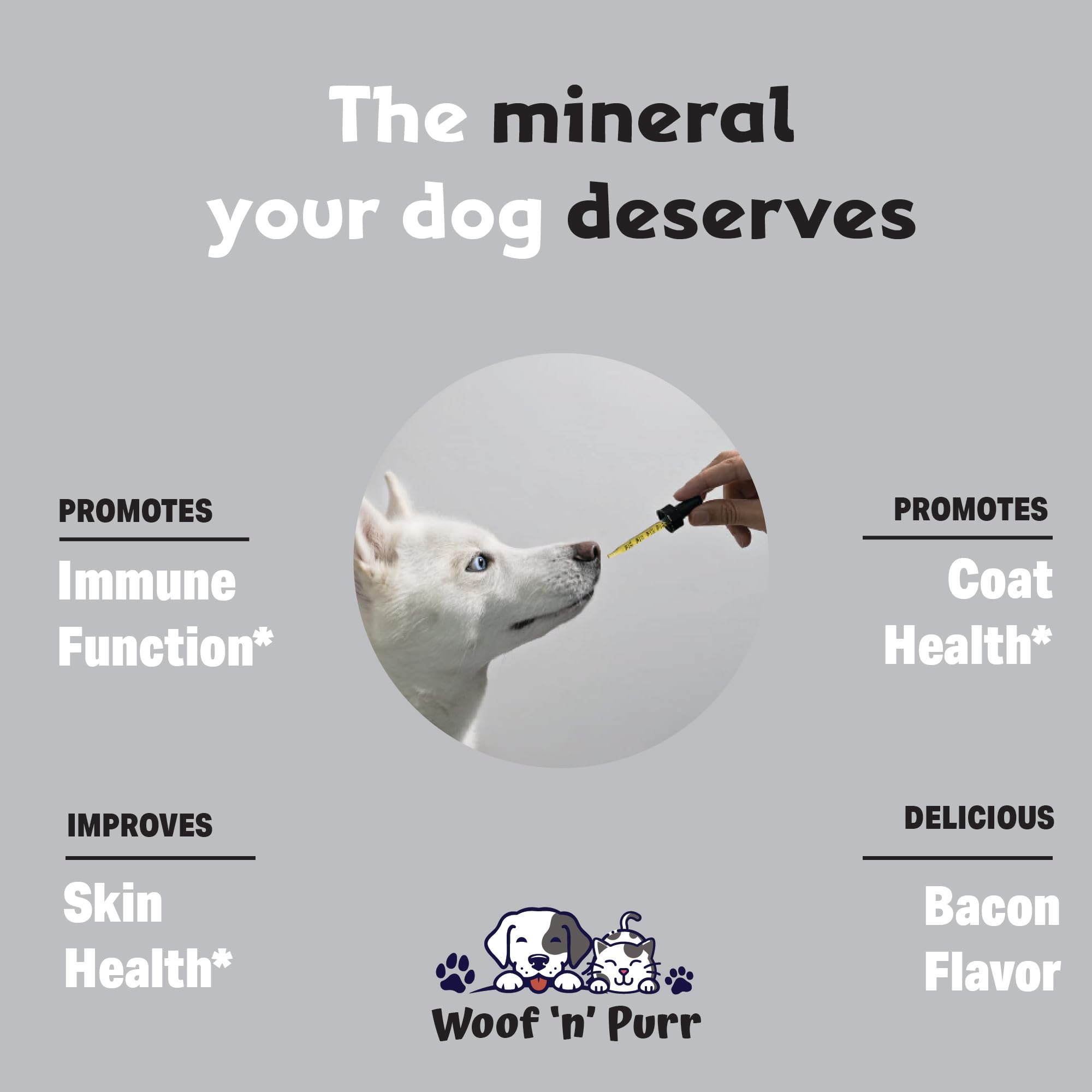 Woof 'n' Purr Zinc para perros, etiqueta clara con indicaciones de uso.
