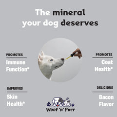 Woof 'n' Purr Zinc para perros, etiqueta clara con indicaciones de uso.