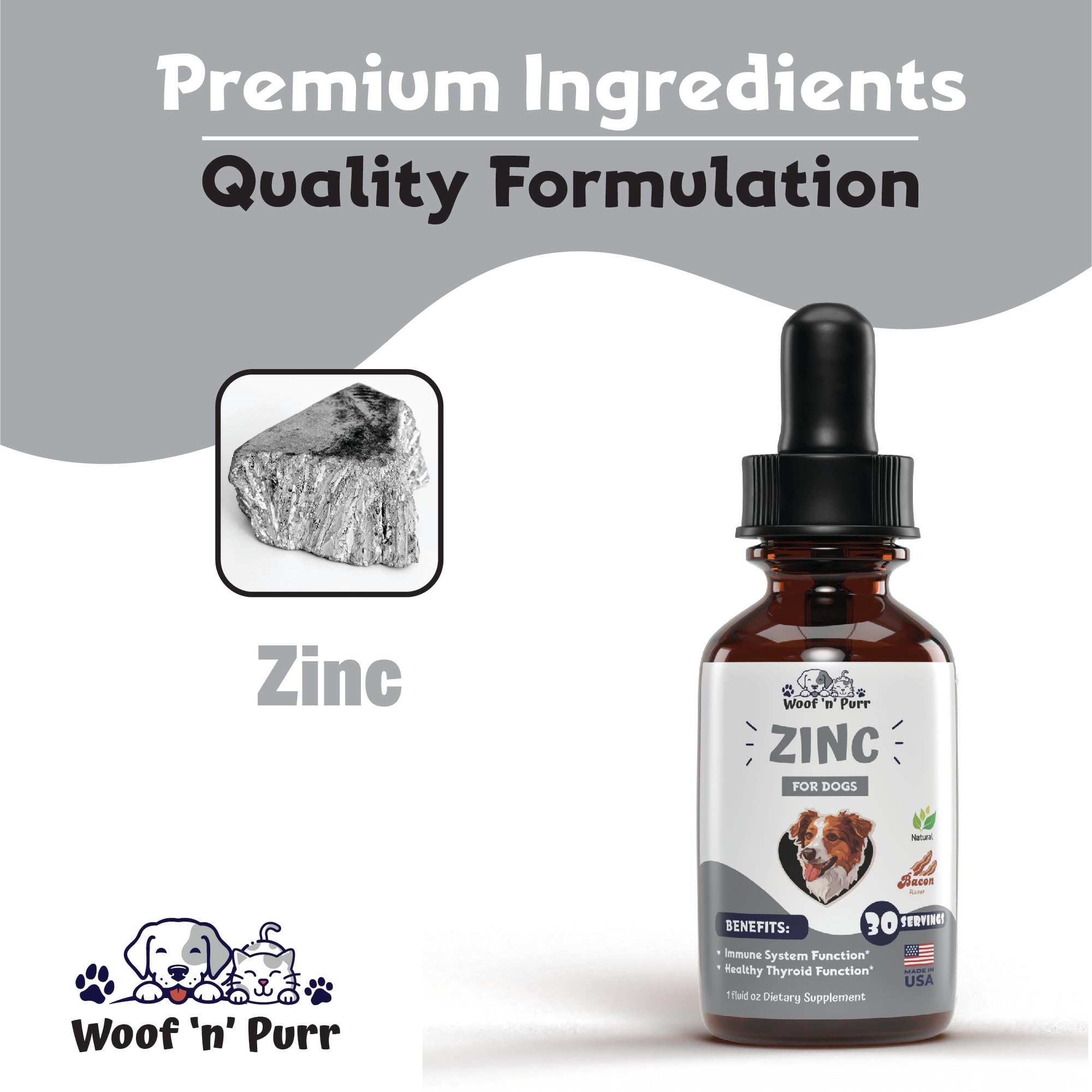 Woof 'n' Purr Zinc para perros, pelaje brillante y piel hidratada.