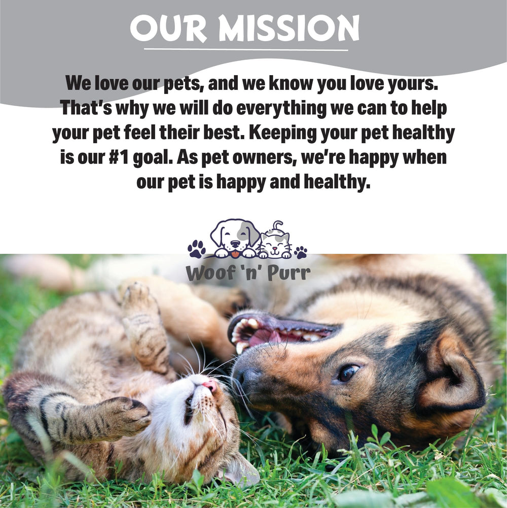 Woof 'n' Purr Zinc para perros, presentación práctica para hogar y viaje.