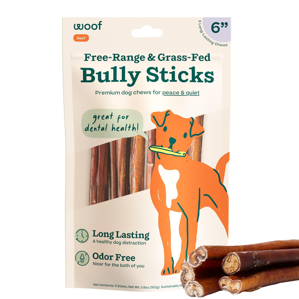 Palitos masticables WOOF para perros, duraderos para entretenimiento prolongado.