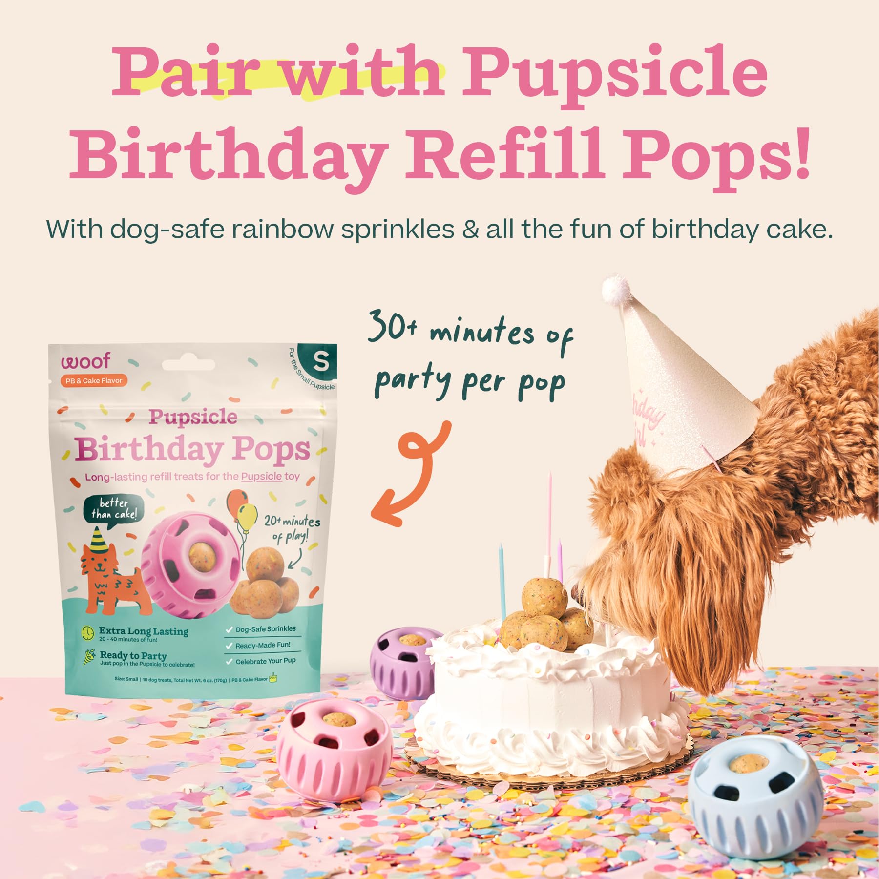 WOOF Party Pupsicle con ranuras para baba y base pesada para menos desorden.