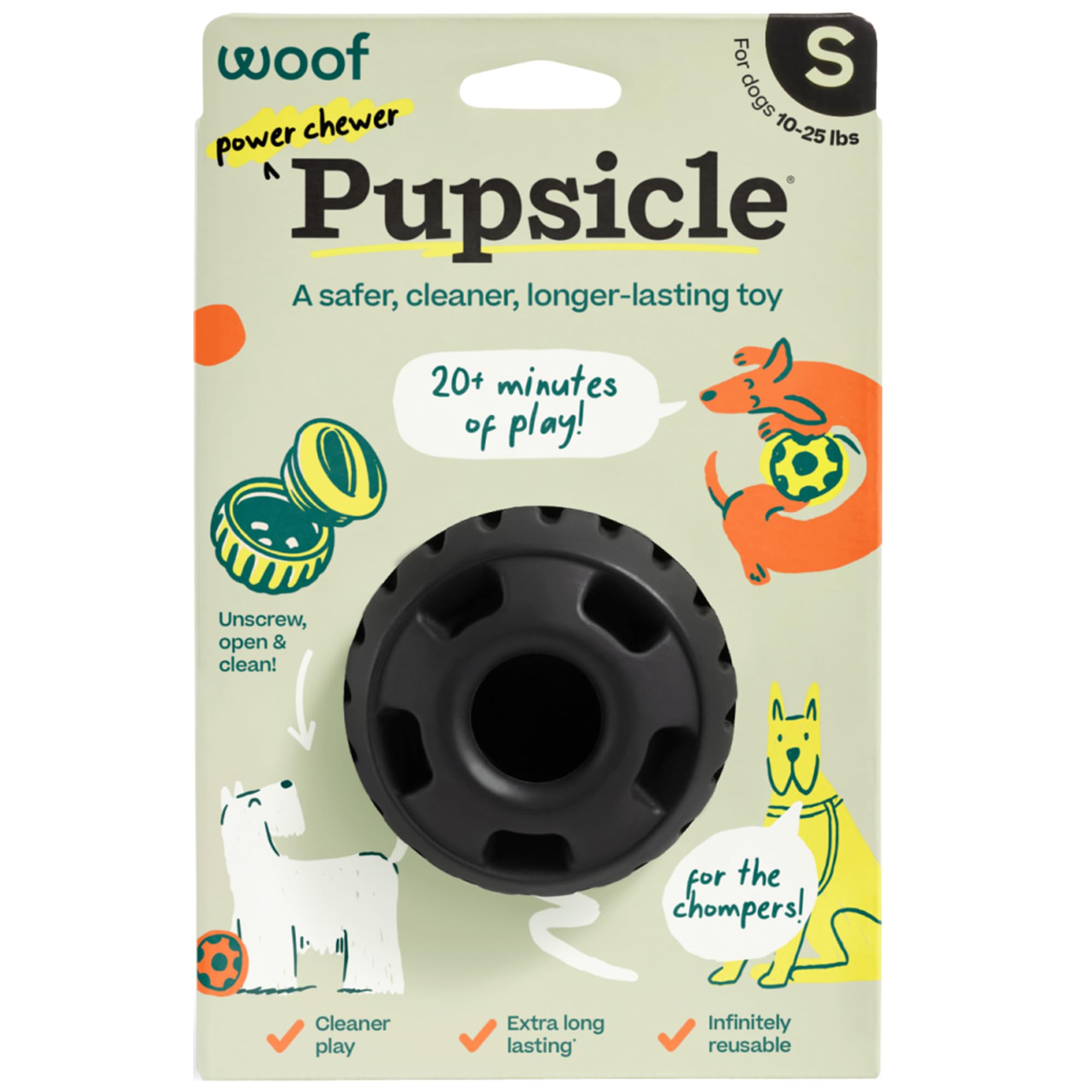 WOOF Power Chewer Pupsicle, juguete duradero para masticadores fuertes, promueve masticación prolongada.