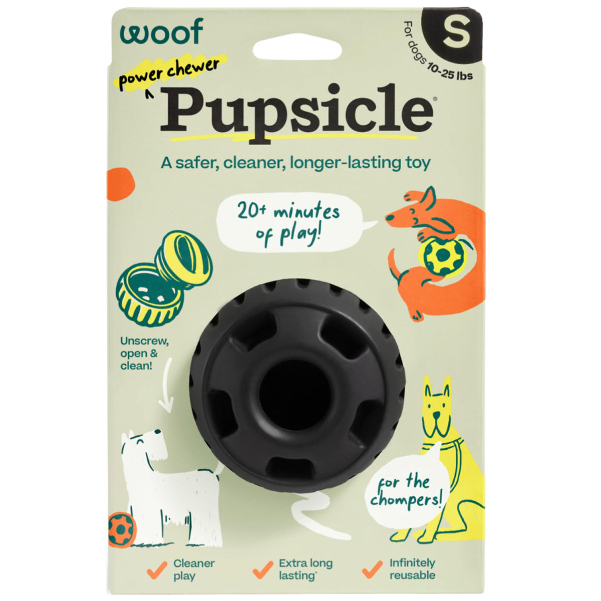 WOOF Power Chewer Pupsicle, juguete duradero para masticadores fuertes, promueve masticación prolongada.