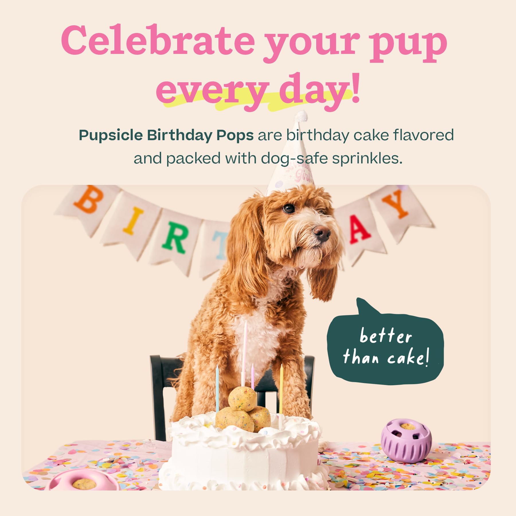 WOOF Pupsicle Cumpleaños, detalle de ingredientes naturales para snack sabroso y seguro.