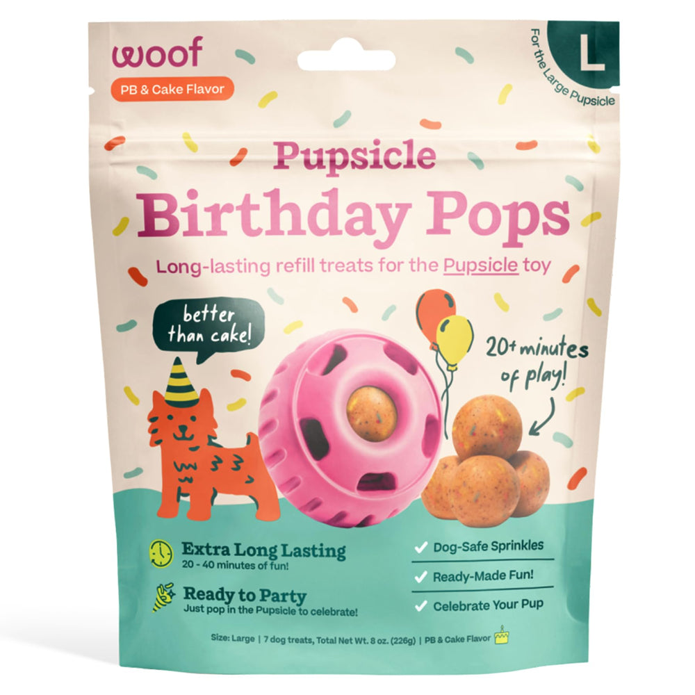 WOOF Pupsicle Cumpleaños empaquetado para regalo, conveniente para fiestas caninas sin desorden.