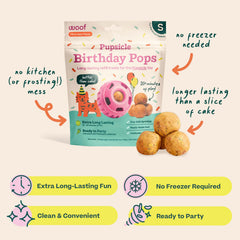 WOOF Pupsicle Cumpleaños perro disfrutando, experiencia de celebración para tu mascota.