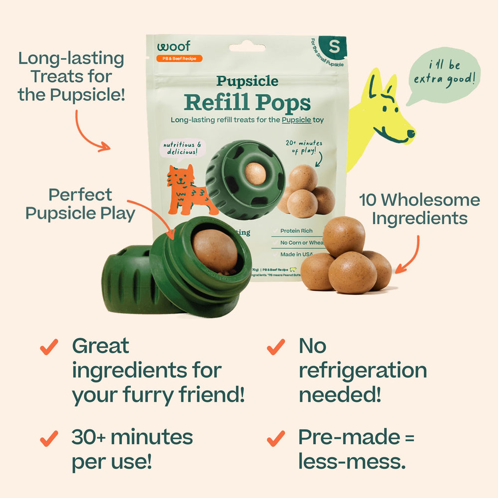 WOOF Pupsicle Refill Pops sin necesidad de refrigeración, perfecto para aventuras al aire libre.