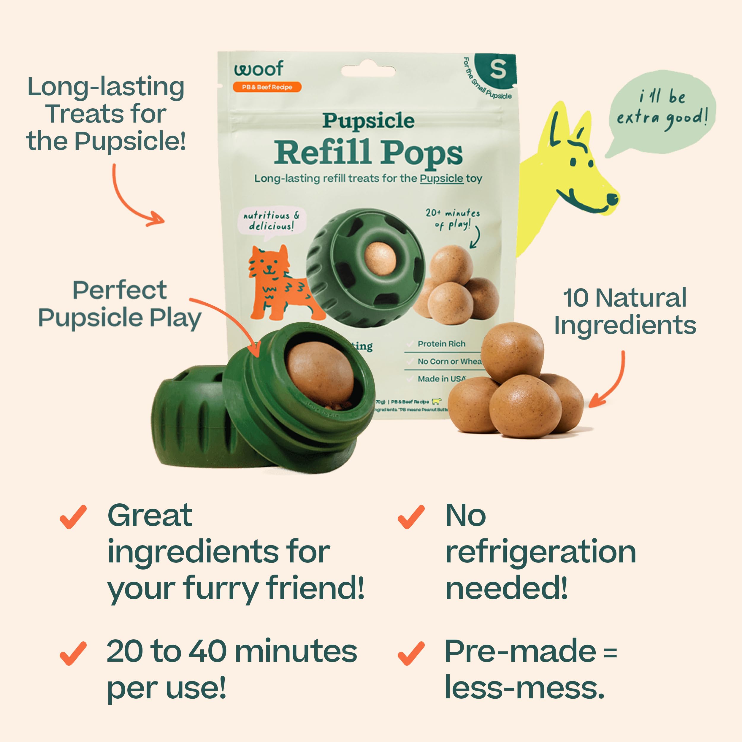 Woof Pupsicle relleno pops resistentes a la temperatura, ideal para aventuras al aire libre.