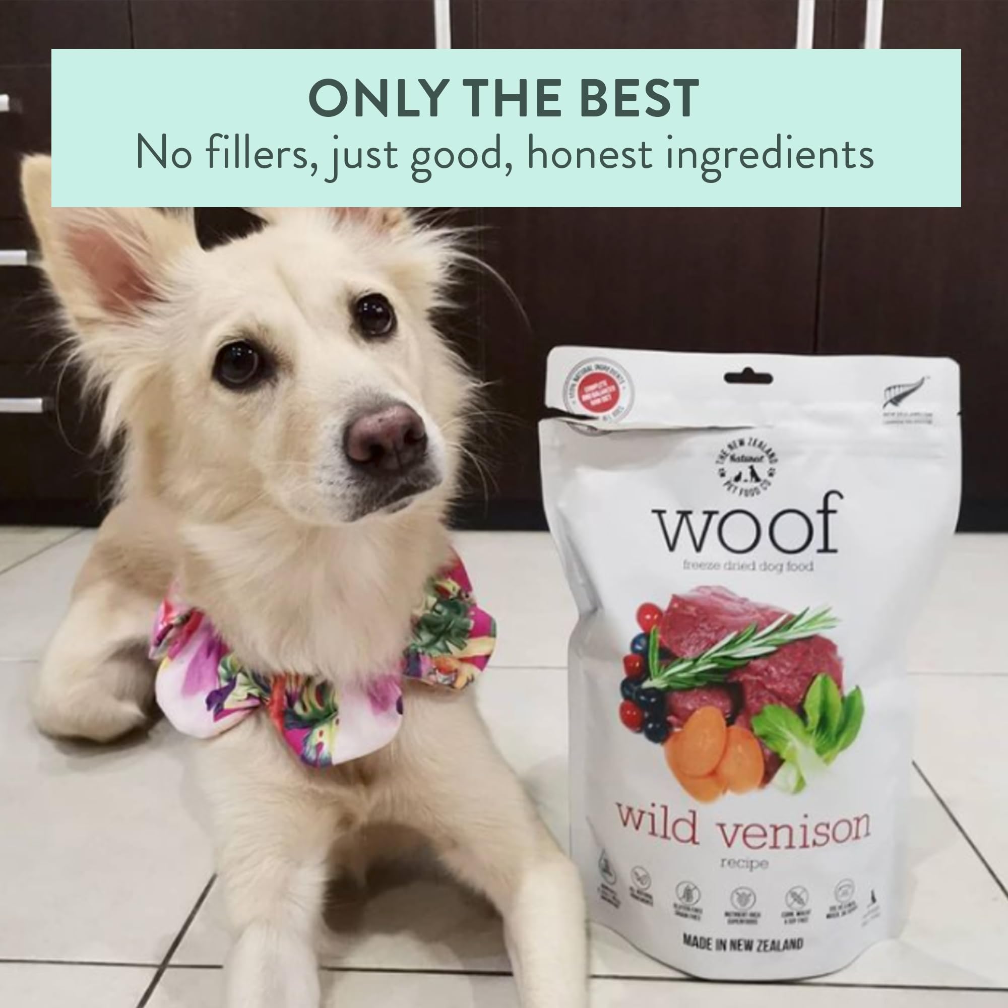 Woof uso como complemento o premio; espolvorea sobre la comida durante el entrenamiento.