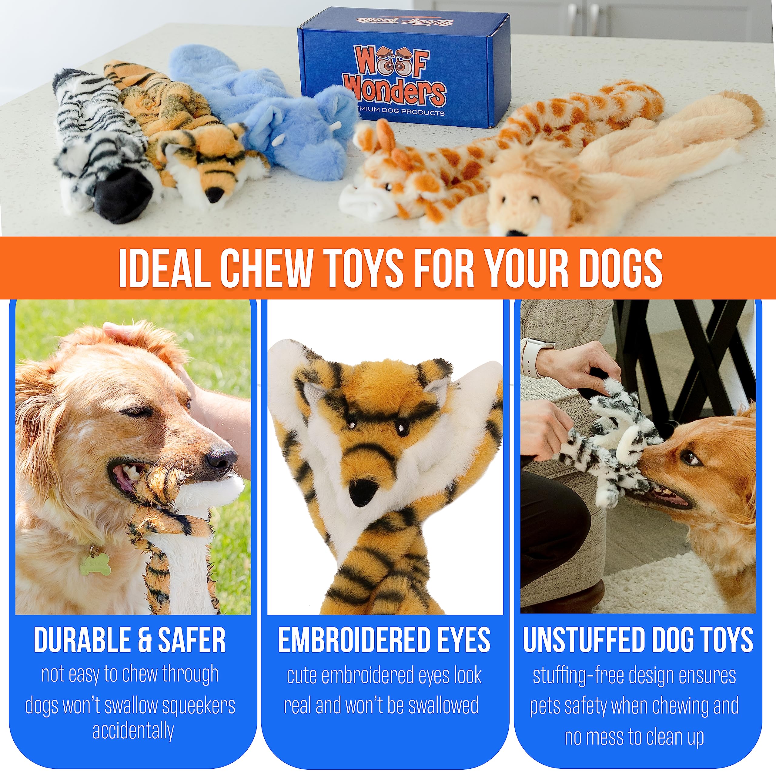 Juguete Woof Wonders sin relleno Zebra, añade crujido y estimula el juego.