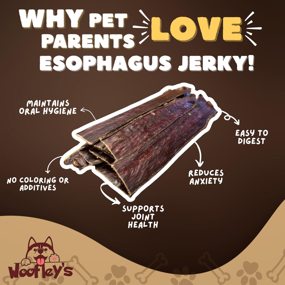 Woofley's palitos de esófago para perros, textura natural con posible beneficio dental.
