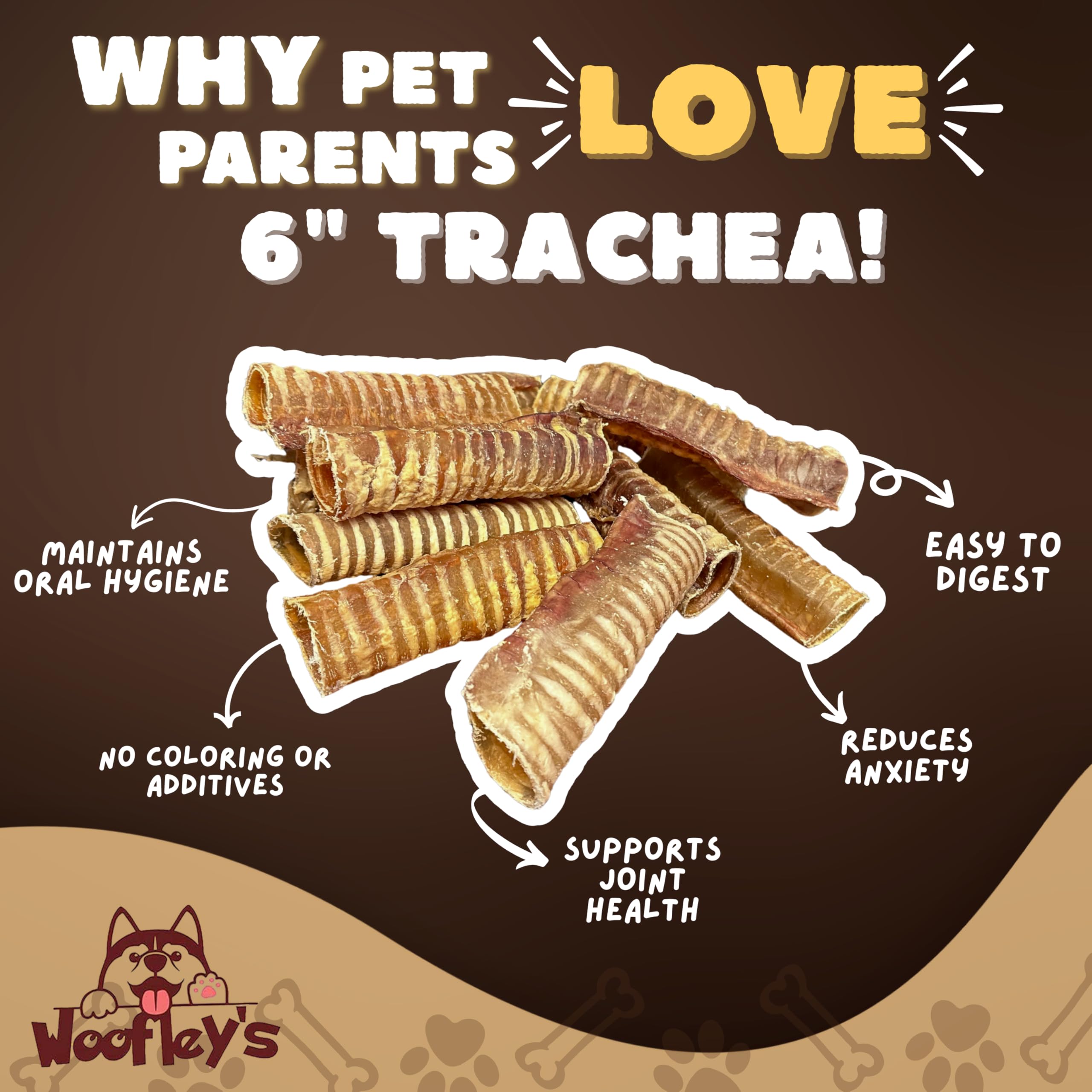 Woofley's tráquea de res, 6 pulgadas, ideal para masticar y recompensas.