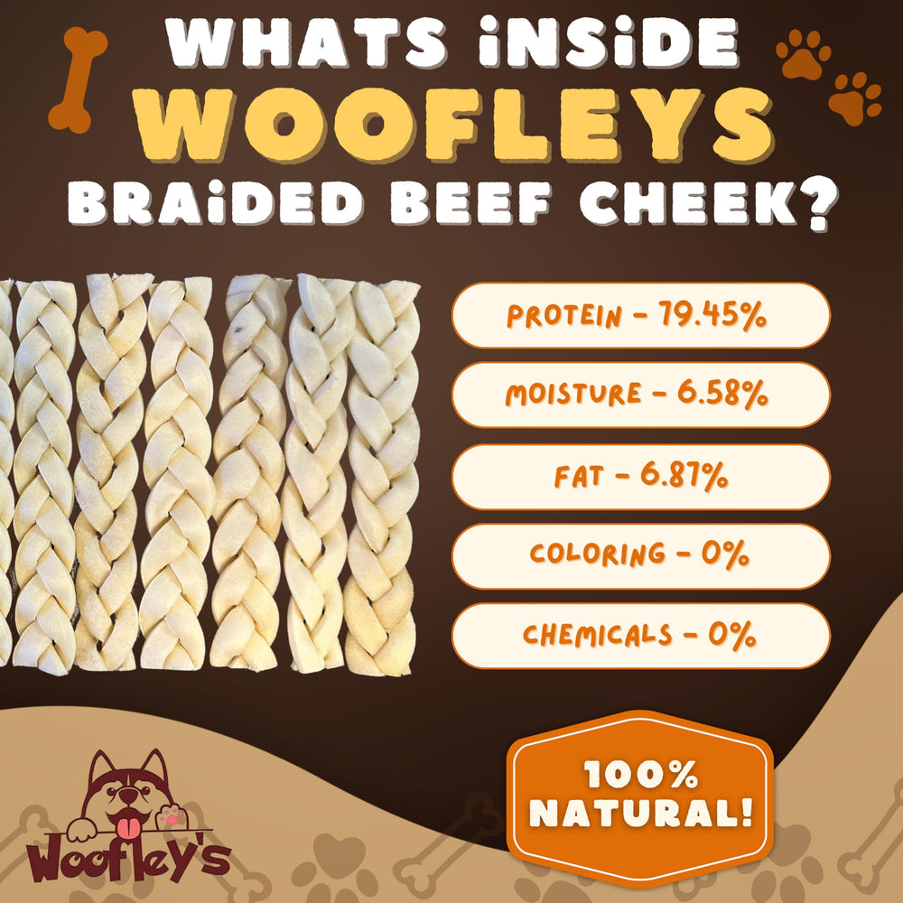 Digestión fácil: trenzas de cachete de búfalo Woofley's sin huesos, aptas para perros sensibles.